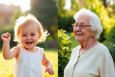 Childhood joy transitioning to serene elder years.