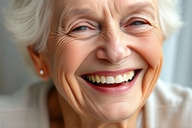 Elderly person smiling, symbolizing dental health and happiness.