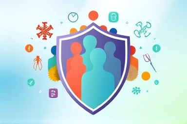 Shield protecting people from medical symbols of disease and surgery.