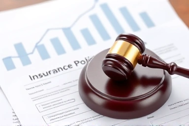 Legal gavel on insurance documents with financial graph.