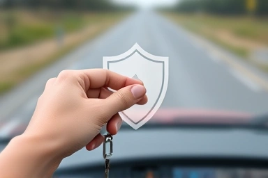 Car key with protective shield symbolizing driver safety.