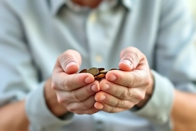 Elderly hands holding coins, symbolizing retirement income