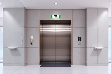 Modern building lobby with safe elevator.