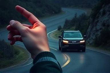 Car navigating a road with a guiding light of assistance.