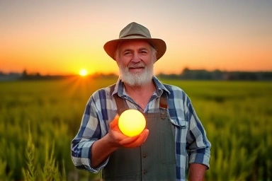 Elderly farmer and financial security in a field.