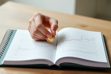 Hands depositing coin into ledger for financial planning.