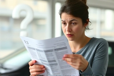 Confused person with car insurance documents.