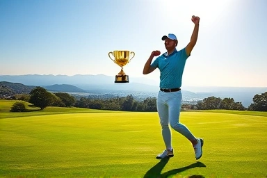Golfer celebrating a hole-in-one with a golden trophy