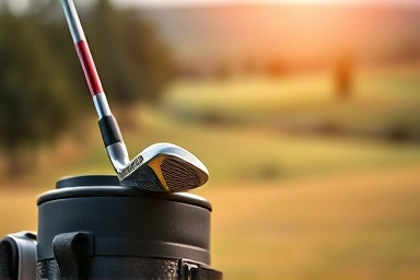 Golf club and bag on a scenic golf course