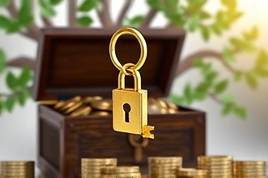 Golden key unlocking treasure chest, financial security, inheritance
