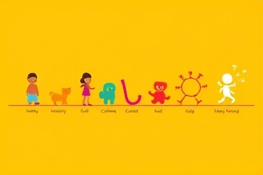 Illustration of child development timeline with playful icons.