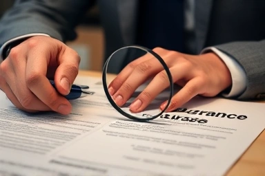 Person carefully reviewing insurance documents with magnifying glass