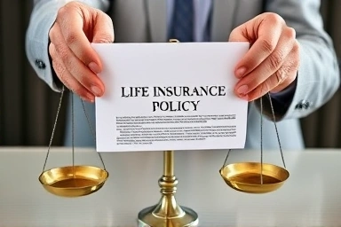 Hands balancing life insurance policy on scales of justice.
