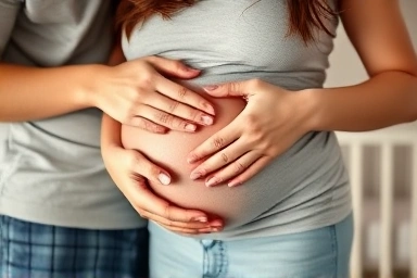 Expectant parents touching pregnant belly, warm nursery background