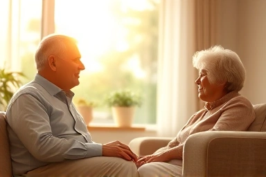 Elderly couple enjoying a peaceful retirement in a bright living room.