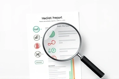 Magnifying glass on health report, highlighting checkup categories.
