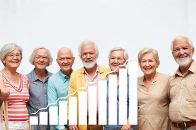 Happy seniors enjoying retirement with symbolic financial growth.