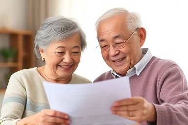 Elderly Korean couple reviewing financial documents with smiles.