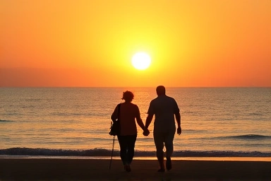 Peaceful retirement with a golden sunset over the ocean.