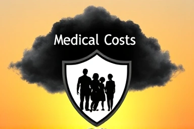 Shield protecting family from medical costs, insurance concept