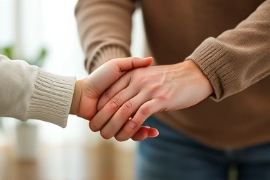 Adult child supporting elderly parent with care.