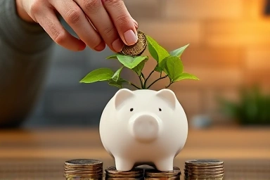 Piggy bank growing money like a tree for long-term savings.