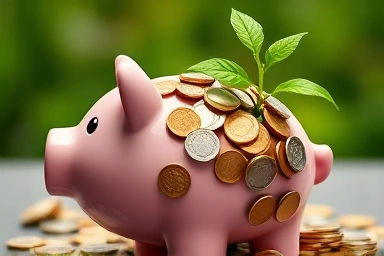 Piggy bank overflowing with coins and a growing plant.