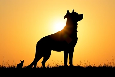 Healthy dog and cat silhouette, looking towards hope.