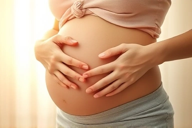 Pregnant woman, belly touch, future health, protection, warm light.