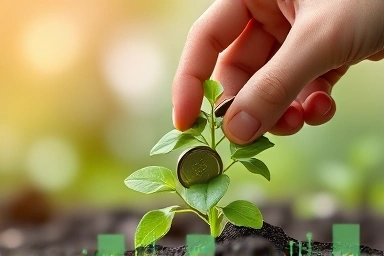 Hand investing coins into a growing plant, symbolizing long-term wealth.