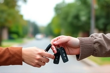 Car keys exchanged between friends, symbolizing temporary car sharing.