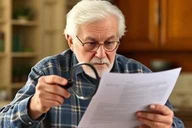 Elderly person examining insurance document with clarity