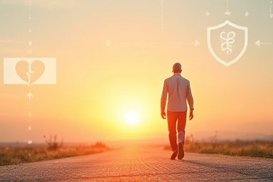 Person walking towards a bright future with subtle medical symbols.