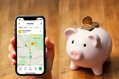 Smartphone map with high score and overflowing piggy bank, insurance savings.