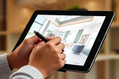 Hands sketching 3D interior design on tablet