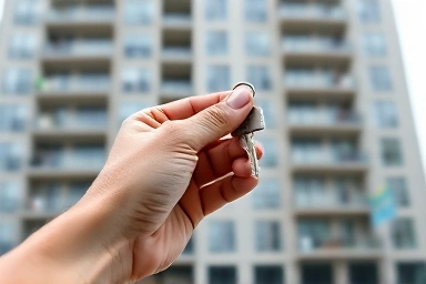 Hand holding a house key, symbolizing homeownership and achievement.