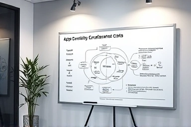 App development cost flowchart in a modern office.