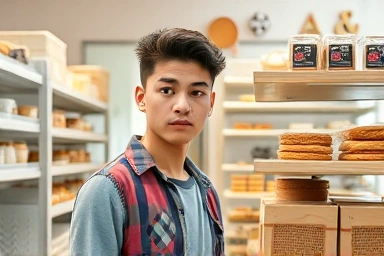 Young person working in a busy bakery, organizing bread.