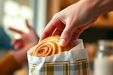 Hand packaging a pastry, friendly customer interaction in background.