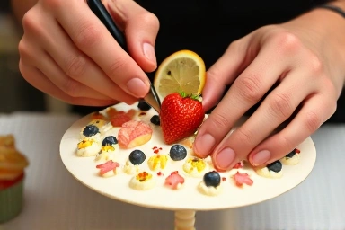 Skilled hands decorating a beautiful cake with fresh ingredients.