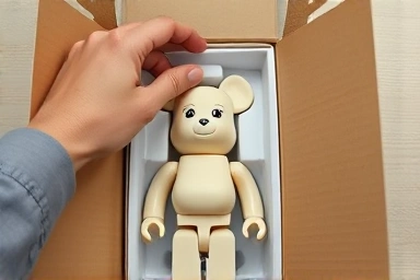 Carefully packaging a limited edition Bearbrick for investment.