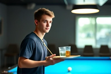 Young person working at a billiard hall, serving drinks.