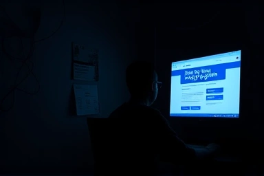 Shadowy figure tempted by online job scam on computer screen.