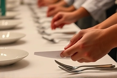 Hands quickly arranging buffet table setting with cutlery