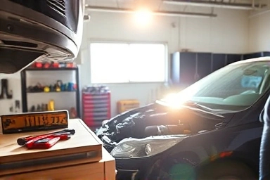 Car self-maintenance workshop with tools and hands at work.