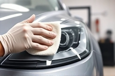 Close-up of meticulous car detailing work with microfiber cloth.