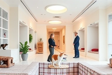 Modern cat hotel interior with cozy suites and staff interaction.