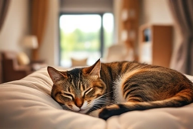 Comfortable cat suite in a professional cat hotel showing relaxation.