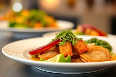 Artistic catering dish presentation, fresh ingredients, culinary artistry
