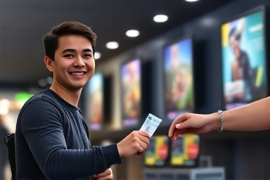 Friendly cinema staff member serving a customer a movie ticket.